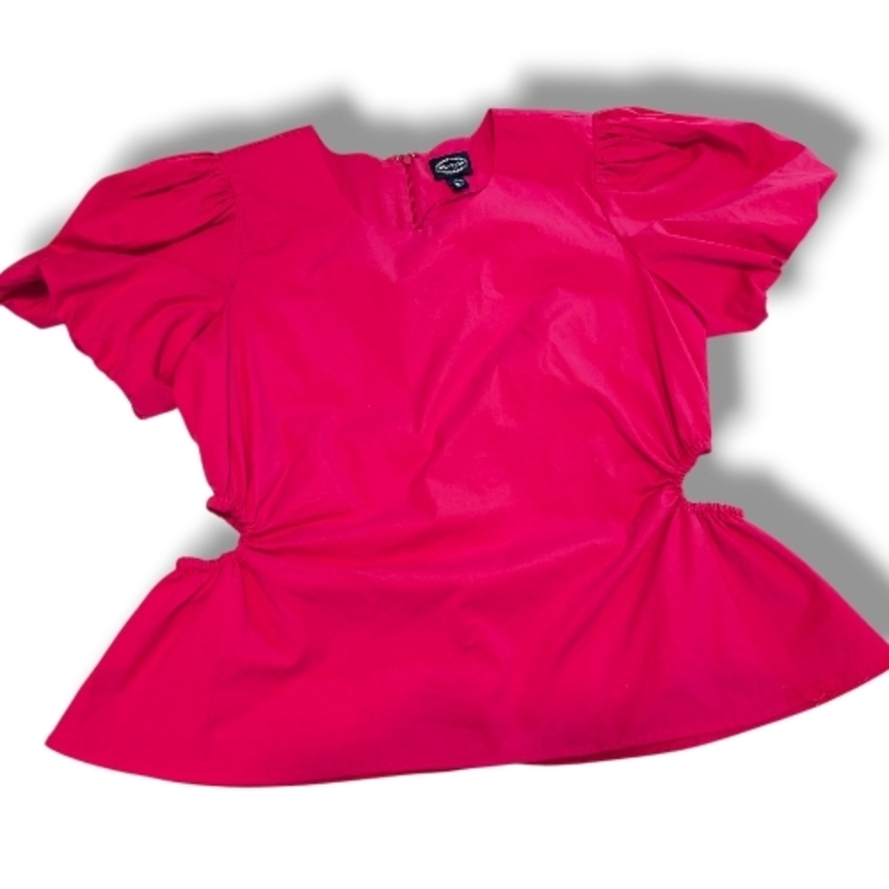 Like New Scoop Peplum Puffy Sleve Cutout Blouse In Hot Pink, Size Xl